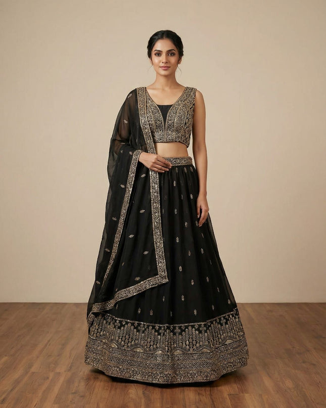 Fashion Dream Women Black Faux Georgette Lehenga