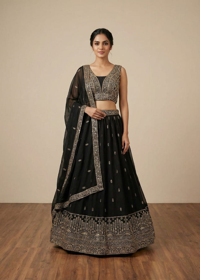Fashion Dream Women Black Faux Georgette Lehenga