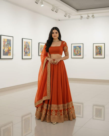 Fashion Dream Women Orange Faux Georgette Lehenga