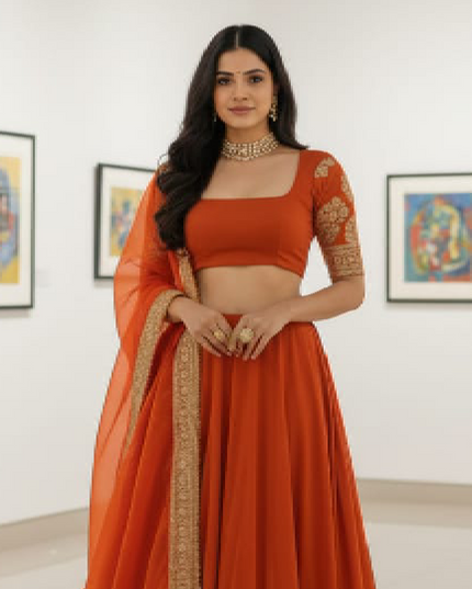 Fashion Dream Women Orange Faux Georgette Lehenga