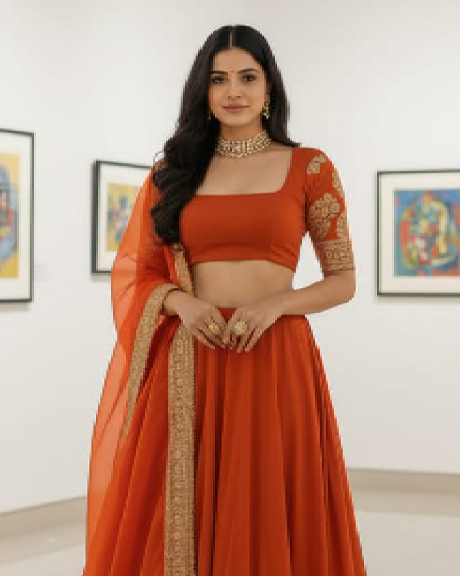Fashion Dream Women Orange Faux Georgette Lehenga