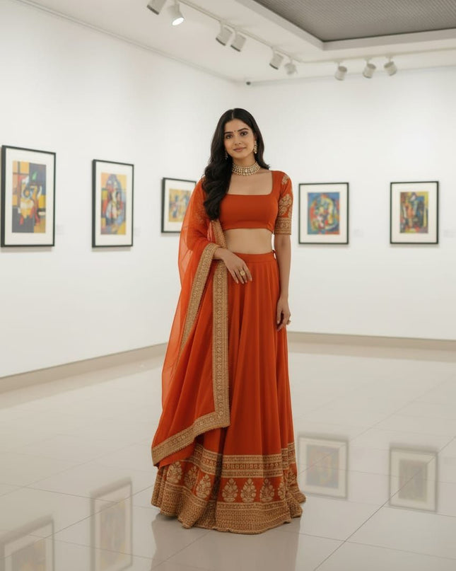 Fashion Dream Women Orange Faux Georgette Lehenga