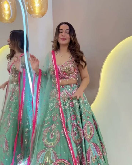 Fashion Dream Women See Green Heavy Slub Silk Lehenga