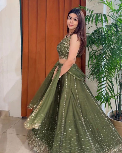 Fashion Dream Women Mahendi Green Vichitra Silk Lehenga
