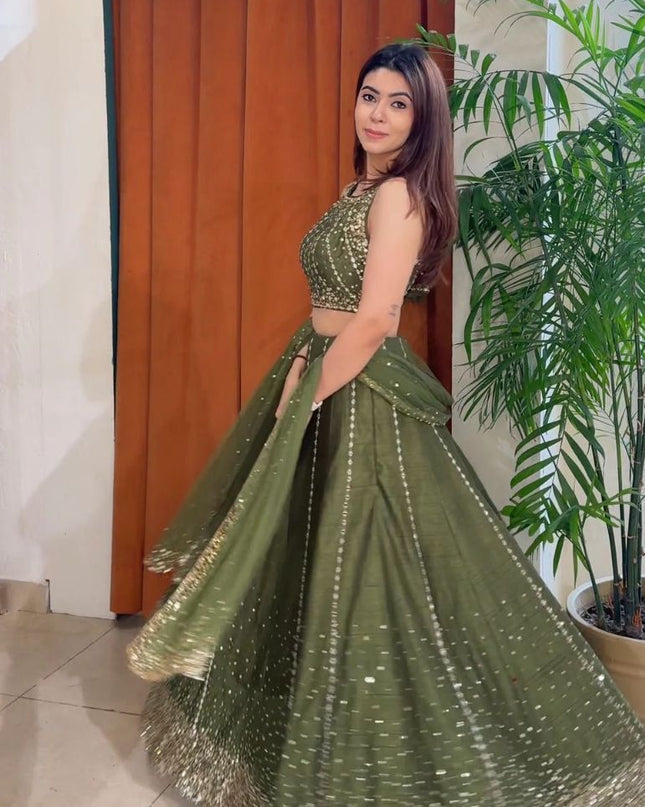 Fashion Dream Women Mahendi Green Vichitra Silk Lehenga