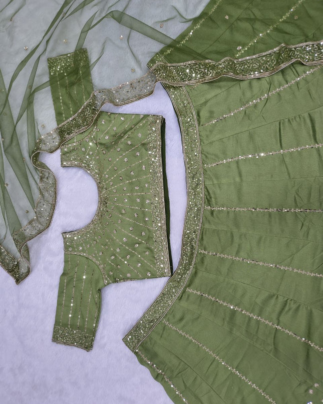 Fashion Dream Women Mahendi Green Vichitra Silk Lehenga
