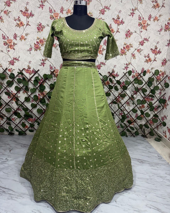 Fashion Dream Women Mahendi Green Vichitra Silk Lehenga