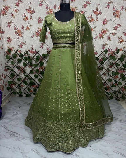 Fashion Dream Women Mahendi Green Vichitra Silk Lehenga