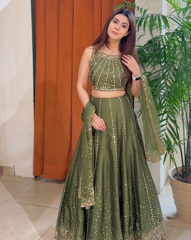 Fashion Dream Women Mahendi Green Vichitra Silk Lehenga
