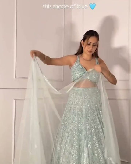 Fashion Dream Women Turquoise Soft Butterfly Net Lehenga