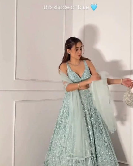 Fashion Dream Women Turquoise Soft Butterfly Net Lehenga