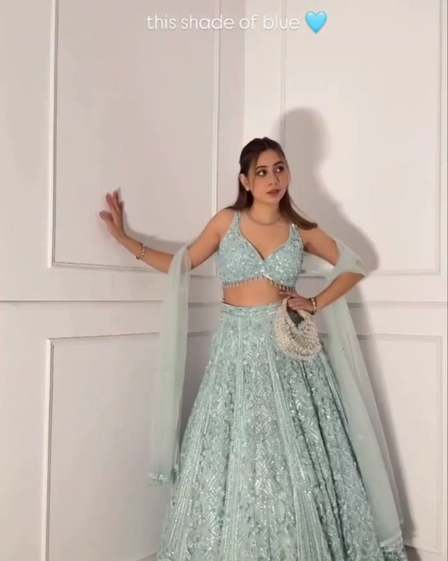 Fashion Dream Women Turquoise Soft Butterfly Net Lehenga