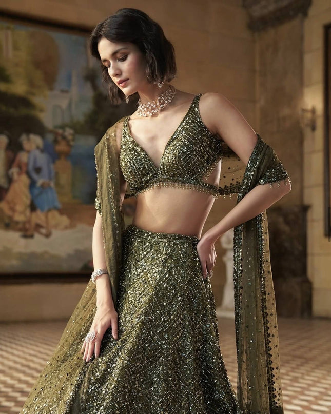 Fashion Dream Women Mahendi Green Chinon silk Lehenga