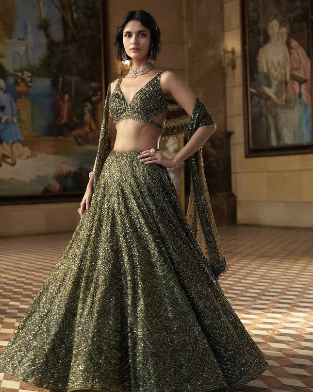 Fashion Dream Women Mahendi Green Chinon silk Lehenga