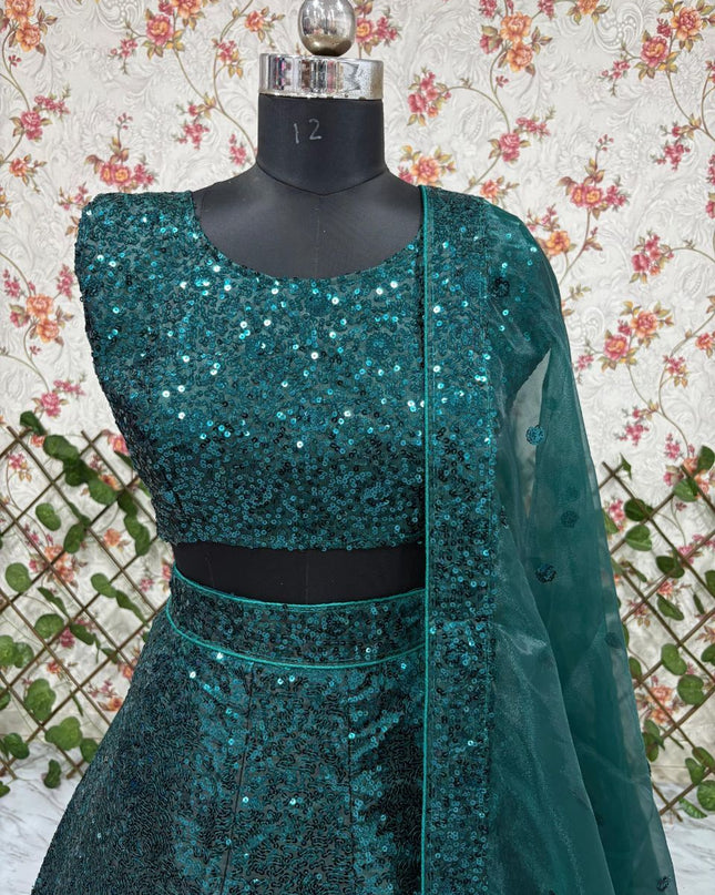 Fashion Dream Women Teal Green Tapeta Satin Silk Lehenga