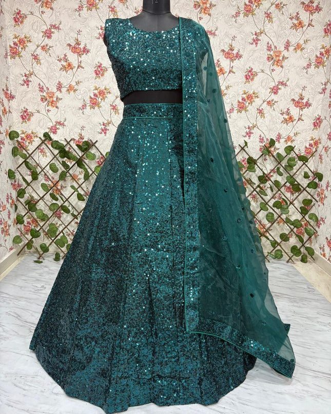 Fashion Dream Women Teal Green Tapeta Satin Silk Lehenga