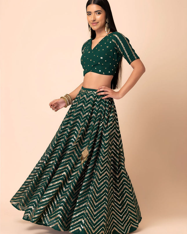 Fashion Dream Women Green Star Georgette Lehenga