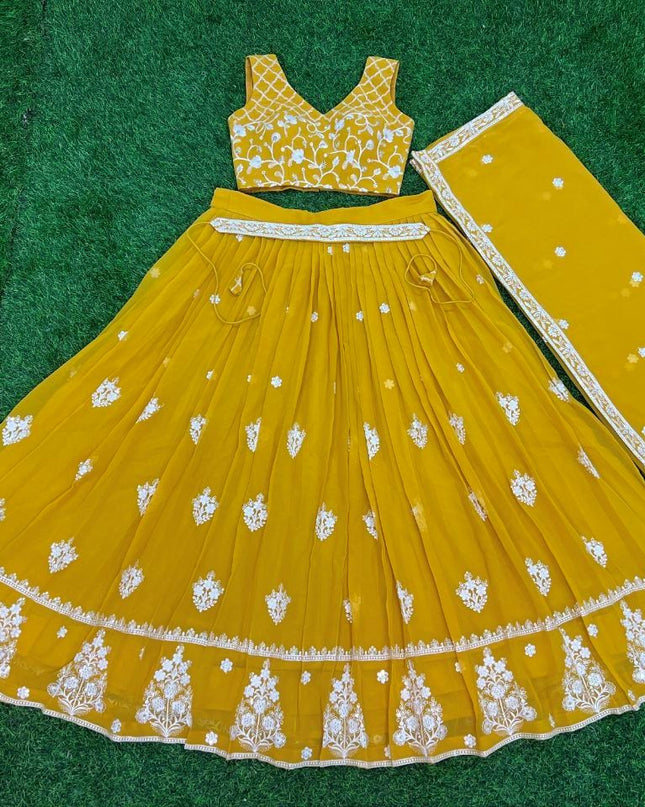 Fashion Dream Women Yellow Fox Georgette Lehenga