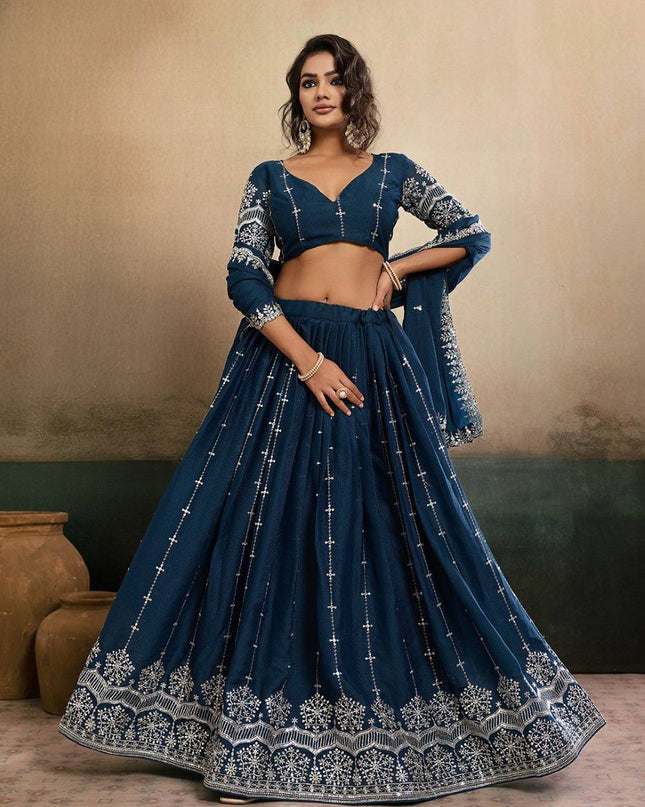 Fashion Dream Women Teal Blue Star Georgette Lehenga