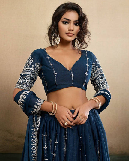 Fashion Dream Women Teal Blue Star Georgette Lehenga