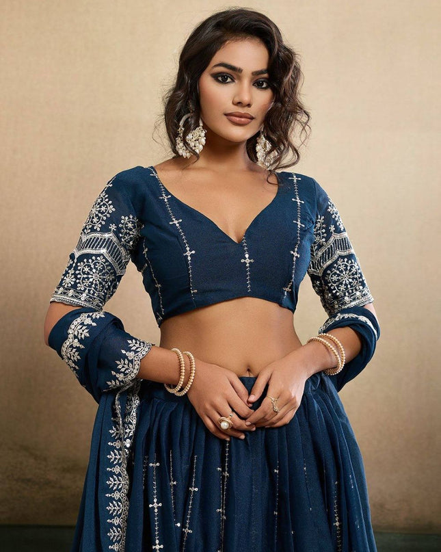 Fashion Dream Women Teal Blue Star Georgette Lehenga