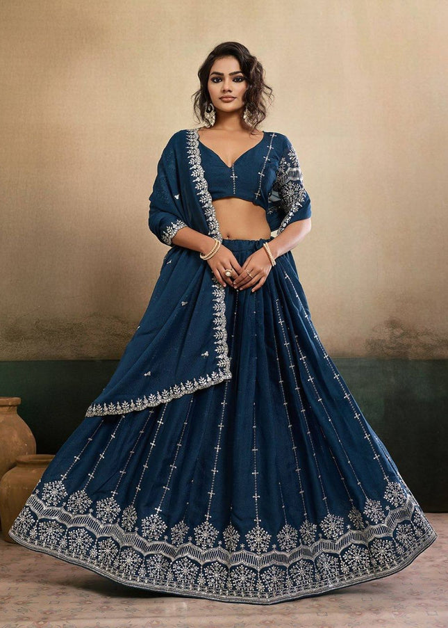 Fashion Dream Women Teal Blue Star Georgette Lehenga