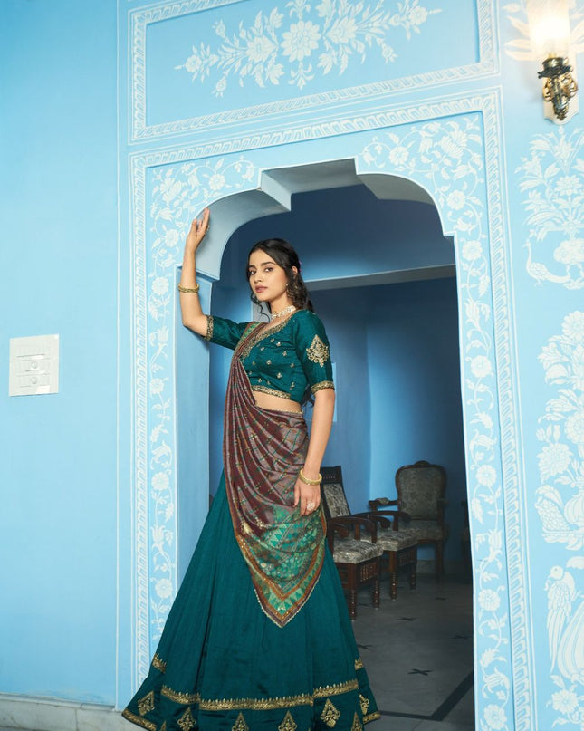 Fashion Dream Women Teal Blue Vichitra Silk Lehenga