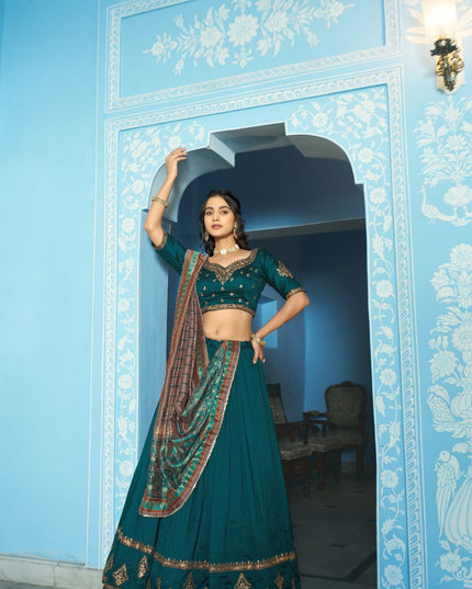 Fashion Dream Women Teal Blue Vichitra Silk Lehenga