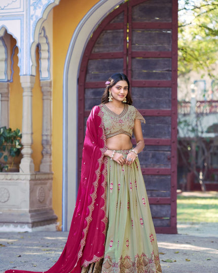 Fashion Dream Women Peach Green Star Georgette  Lehenga