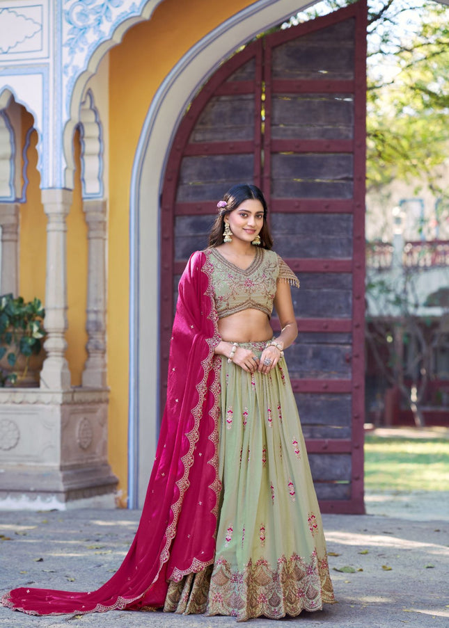Fashion Dream Women Peach Green Star Georgette  Lehenga