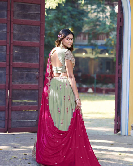 Fashion Dream Women Peach Green Star Georgette  Lehenga