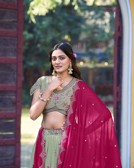 Fashion Dream Women Peach Green Star Georgette  Lehenga