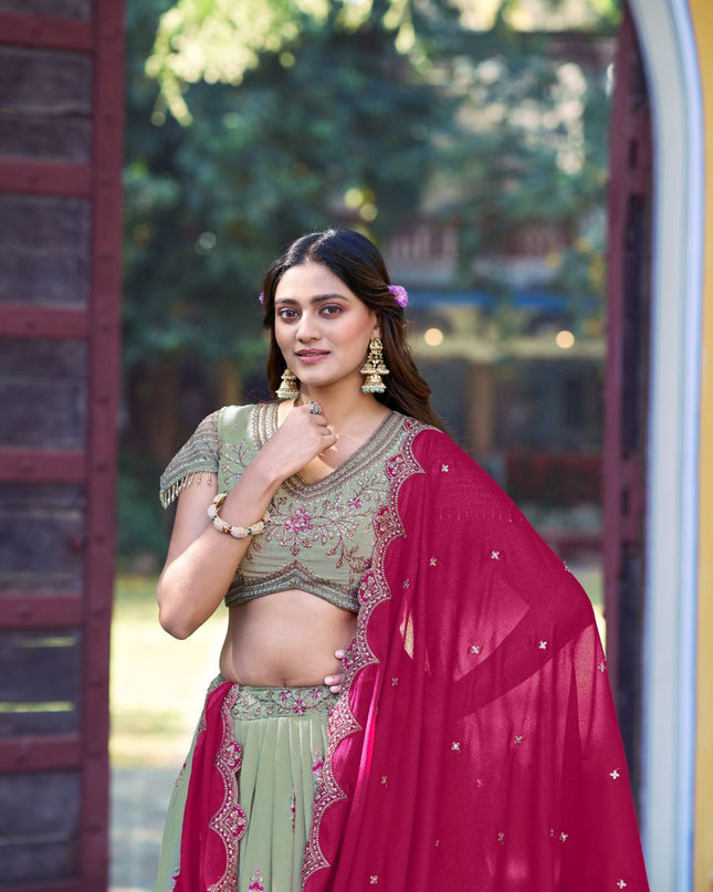 Fashion Dream Women Peach Green Star Georgette  Lehenga