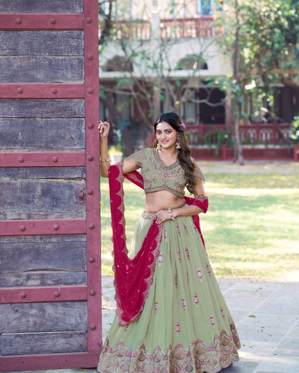 Fashion Dream Women Peach Green Star Georgette  Lehenga