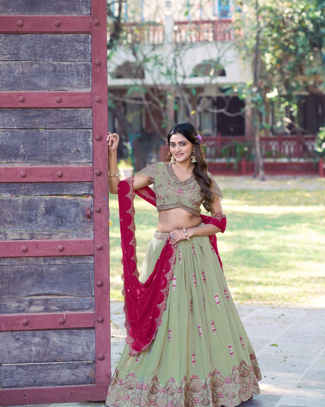 Fashion Dream Women Peach Green Star Georgette  Lehenga