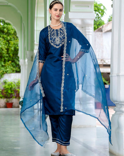 Fashion Dream WOMEN TEAL-BLUE Silk Blend Designer Readymade Suit