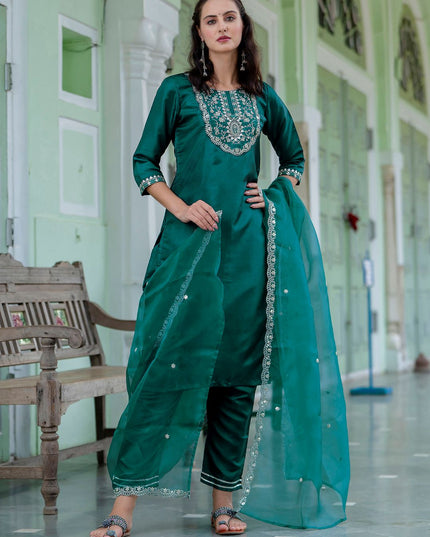 Fashion Dream WOMEN GREEN Silk Blend Designer Readymade Suit