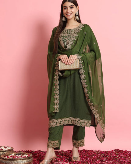 Fashion Dream WOMEN GREEN Silk Blend Designer Readymade Suit