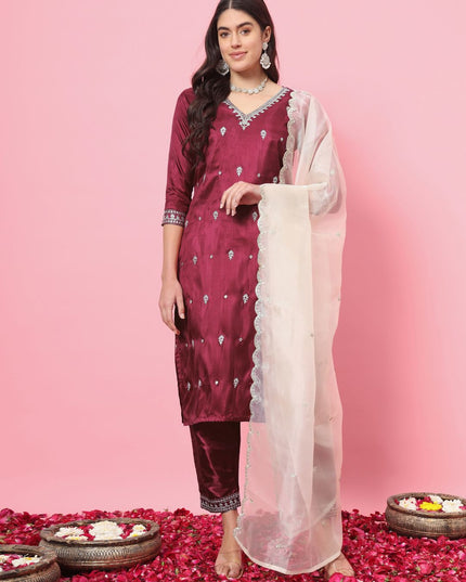 Fashion Dream WOMEN CHERRY-RED Silk Blend Designer Readymade Suit
