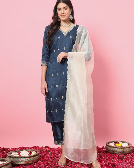 Fashion Dream WOMEN TEAL-BLUE Silk Blend Designer Readymade Suit