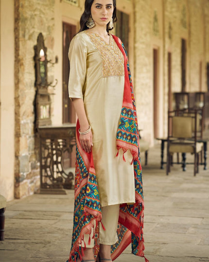 Fashion Dream WOMEN BEIGE Silk Blend Designer Readymade Suit