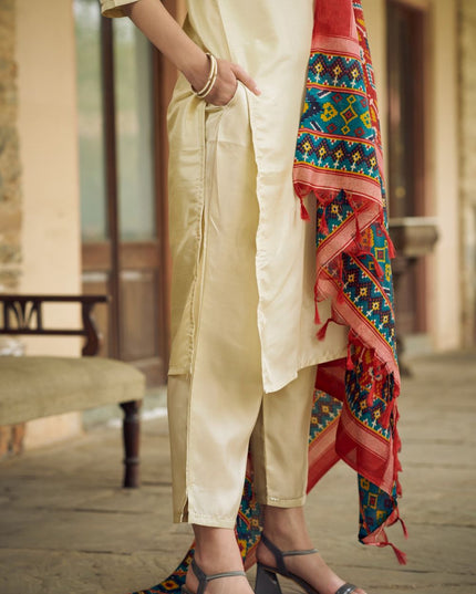 Fashion Dream WOMEN BEIGE Silk Blend Designer Readymade Suit
