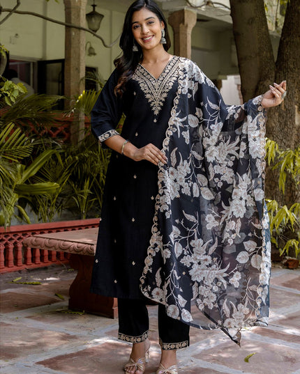 Fashion Dream WOMEN BLACK Silk Blend Designer Readymade Suit