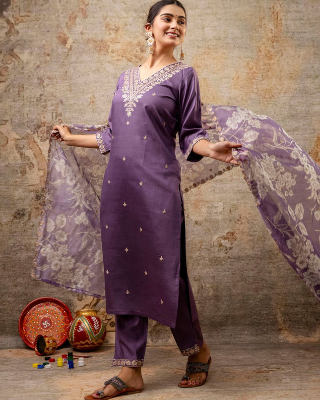 Fashion Dream WOMEN LAVENDER Silk Blend Designer Readymade Suit