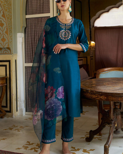 Fashion Dream WOMEN TEAL BLUE Cotton Silk Designer Readymade Suit