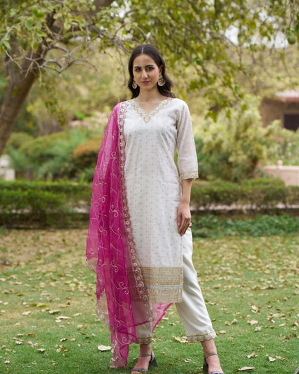 Fashion Dream WOMEN WHITE Chanderi Silk Designer Readymade Suit