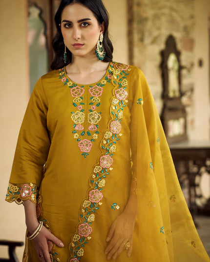 Fashion Dream WOMEN MUSTARD Chanderi Silk Modal Designer Readymade Suit
