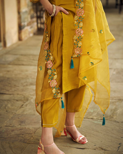 Fashion Dream WOMEN MUSTARD Chanderi Silk Modal Designer Readymade Suit