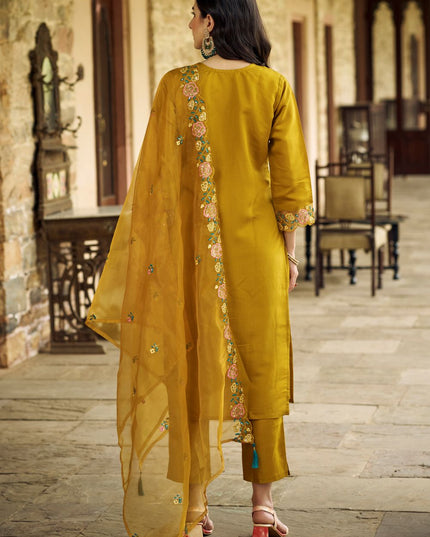 Fashion Dream WOMEN MUSTARD Chanderi Silk Modal Designer Readymade Suit