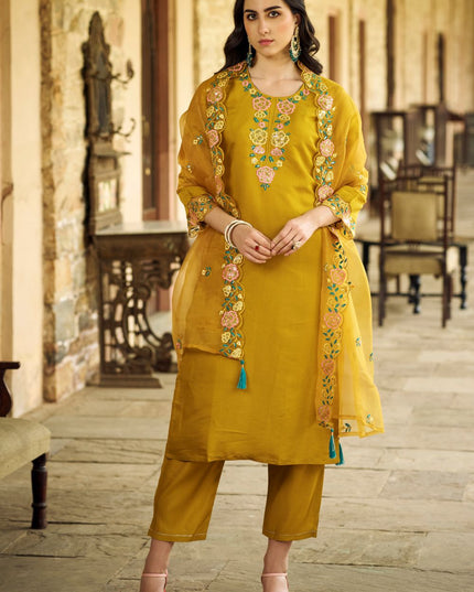 Fashion Dream WOMEN MUSTARD Chanderi Silk Modal Designer Readymade Suit